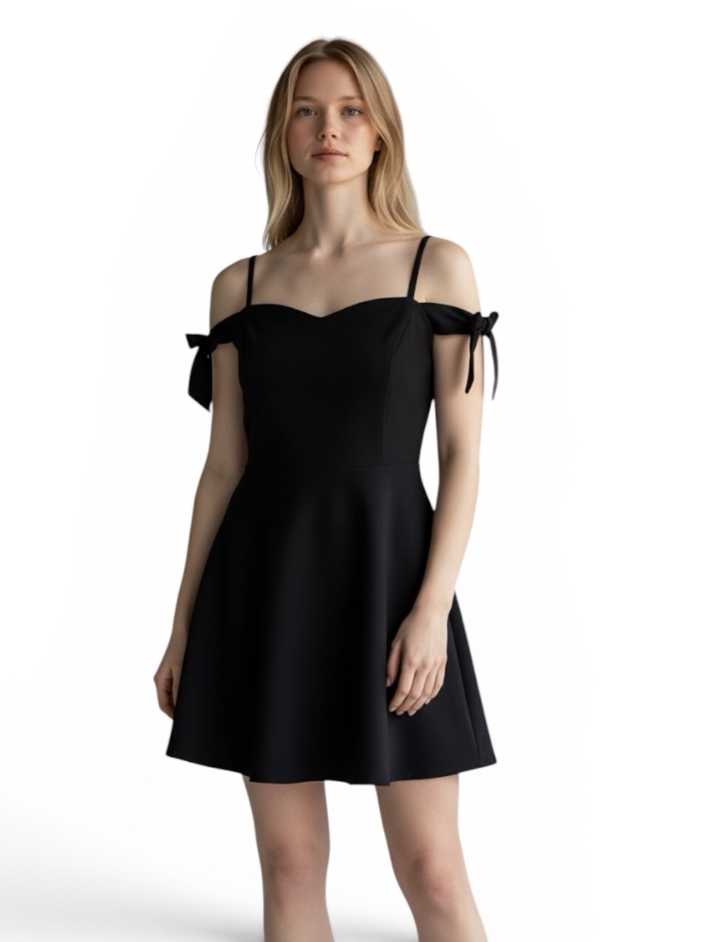 Kensie Black Off-Shoulder Tie-Sleeve Mini Dress w Sweetheart Neckline, Medium